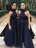 Ball Gown High Neck Satin V Neck Bridesmaid Dresses with Bowknot, Wedding Party Dress STK15559