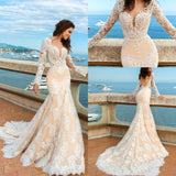 2024 White Lace Mermaid Deep V-Neck Backless Long Sleeve Wedding Dresses