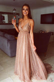 Flowy A Line Spaghetti Straps Champagne V Neck Prom Dresses with Sequins STK15227