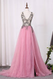 2024 New Arrival A Line Tulle Straps Prom Dresses With Beading P13CT271