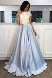 Charming A Line Round Neck Appliques Satin Prom Dresses