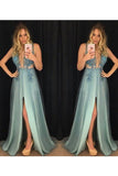 2024 V-Neck Prom Dresses A Line Tulle With Applique PGH7Q8BQ