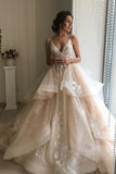 Spaghetti Straps V Neck Wedding Dresses with Layer, Sleeveless Wedding Gowns STK15424