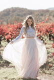 Two Pieces Long Sleeves Lace Appliques Blush Pink Wedding Dresses, Beach Wedding Dress STK15538