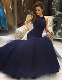 Mermaid Navy Scoop Sleeveless Prom Dress with Beading