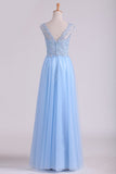 2024 Scoop A Line Prom Dress Beaded Floor Length Pick Up Tulle Skirt With Applique