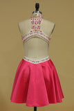 2024 Homecoming Dresses A Line High Neck Beaded Bodice Short/Mini Satin