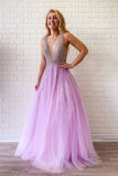 A Line Lilac Deep V Neck Beads Modest Tulle Prom Dresses, Long Formal Dresses STK15490