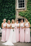 A Line Pink One Shoulder Chiffon Long Simple Bridesmaid Dresses, Wedding Party Dresses STK15552