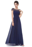 Elegant Lace Cap Sleeve Chiffon Evening Gowns Open Back Bateau Long Prom Dresses STK15170