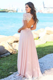 Blush Pink Sweetheart Maxi Dresses Open Back Lace Sleeve Beach Wedding Guest Dresses STK15566