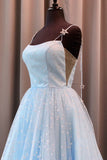 Charming A Line Spaghetti Straps Blue Tulle Prom Dresses with Stars, Dance Dresses STK15503