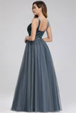 A-Line V-Neck Sleeveless Blue Floor-length Evening Dress Cheap Prom Dresses STK15055