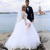 Elegant Ball Gown Lace Long Sleeve Wedding Dresses with Appliques, Tulle White Bridal Dress STK15156