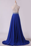 2024 Halter Beaded Bodice Prom Dresses A Line Chiffon & Tulle Sweep Train P8913QKY