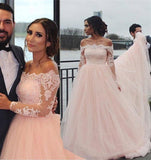 Off the Shoulder Long Sleeves Pink A-line Wedding Dresses, Blush Pink Tulle Bridal Dresses STK15270