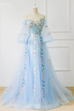 Light Blue Off the Shoulder Half Sleeve Prom Dresses, Sweetheart Evening Dress STK15238