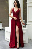 Charming A Line V Neck Burgundy Satin Prom Dresses, Simple Evening Dresses STK15505