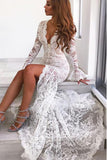 Long Sleeves Mermaid Lace V Neck Wedding Dresses with Slit, Wedding STK15651