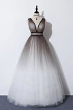 Elegant A Line Long Tulle V Neck Straps Prom Dresses, Lace up Party Dresses STK15147