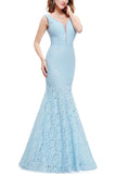 Sexy Fitted Lace Mermaid Blue V Neck Long Prom Dresses Evening Dresses STK15334