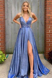 Spaghetti Straps Sexy A-line V Neck Long Prom Dresses Fashion Formal Dresses