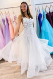 Puffy White V Neck Tulle Sequins Long Prom Dress A Line Backless Evening Dresses STK15313