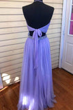 Charming 2 Pieces Long Halter Open Back Flowy Violet Tulle Beading Prom Dresses