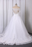 2024 A Line Boat Neck Wedding Dresses Short Sleeves Tulle With Applique PDK47GEG