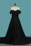 2024 Off The Shoulder Stretch Satin Prom Dresses A Line With Applique PPZKQ4F7