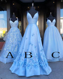 Charming Blue Spaghetti Straps V Neck Flowers Long Prom Dresses Satin Unique Formal Dresses STK15098