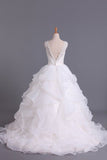 2024 Hot Wedding Dresses V-Neck A Line Organza With Beading And P7F398RT