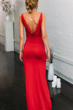 Simple Spaghetti Straps Red Mermaid V Neck Prom Dress with High Slit, Open Back Dance Dress STK15401