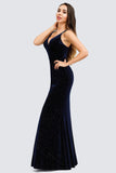 V-Neck Spaghetti Straps Velvet Dark Navy Blue Mermaid Evening Dress, Prom Dresses STK15480