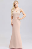 Elegant V-Neck Floral Lace Pink Evening Dress Satin Prom Dresses STK15216