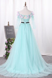 2024 New Arrival A Line Boat Neck Tulle Prom Dresses With Handmade Flowers P7HC1ECB