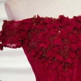 A-line Tulle Burgundy Short Sleeve Off-the-Shoulder Scoop Hand-Made Flower Prom Dresses