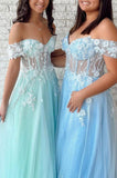 Tulle Applique Mint Green Off the Shoulder A line Evening Dresses Long Prom Dresses