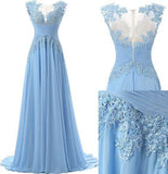 Fashion A-line Scoop Sweep Train Appliques Chiffon Sleeveless Light Blue Prom Dresses