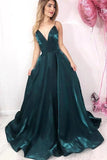 Long Green Spaghetti Straps V Neck Satin Prom Dresses, Evening Party STK20422