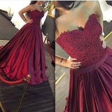 Gorgeous Long Sweetheart Strapless Ball Gown Lace Formal Dress Burgundy Prom Dresses