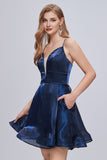 Blue Deep V Neck Spaghetti Strap A Line Short Homecoming Dresses