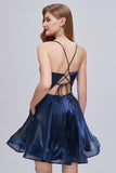 Blue Deep V Neck Spaghetti Strap A Line Short Homecoming Dresses