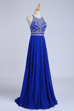 2024 Halter A-Line/Princess Dark Royal Blue Prom Dresses Tulle And Chiffon Sweep P348MBJB