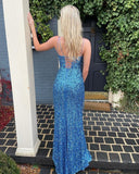 Blue Sequins Spaghetti Straps Sheath Split Tassel Long Prom Dresses