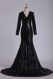 2024 Prom Dresses V Neck Long Sleeves Sequins Sweep PBYX8878