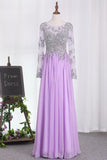 2024 A Line Long Sleeves Scoop Chiffon Prom Dresses PC88QLD8