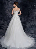 Off the Shoulder Tulle Wedding Dress with Lace Applique, A Line Long Bridal Dresses STK15273