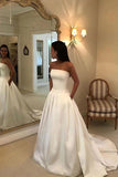 Charming A Line Satin Strapless Wedding Dresses with Pockets, Long Bridal Dresses STK15091