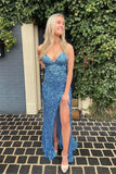 Blue Sequins Spaghetti Straps Sheath Split Tassel Long Prom Dresses